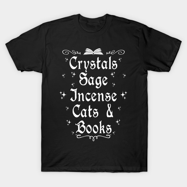 Crystals Sage Incense Cats and Books T-Shirt by Tshirt Samurai